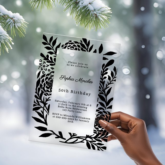 Invitations En Acrylique Black botanical luxury clear birthday (Créateur téléchargé)