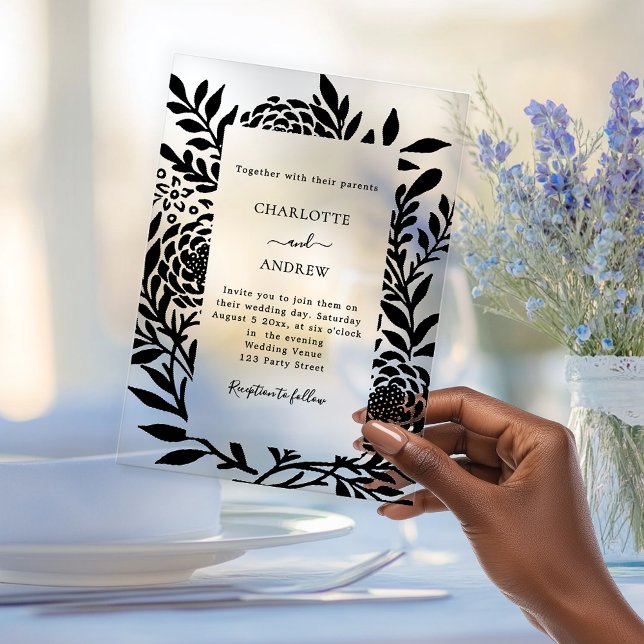 Invitations En Acrylique Black botanical modern clear luxury wedding (Créateur téléchargé)