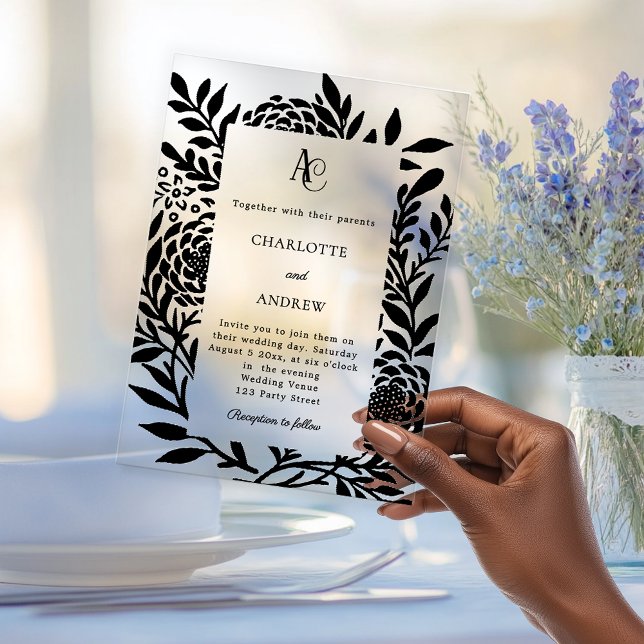 Invitations En Acrylique Black botanical modern monogram luxury wedding (Créateur téléchargé)