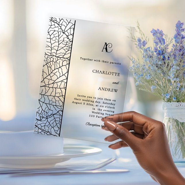 Invitations En Acrylique Black botanical monogram clear luxxury wedding (Créateur téléchargé)
