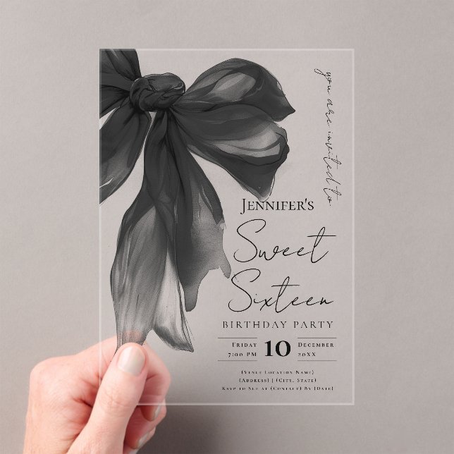 Invitations En Acrylique Black Bow Coquette Script Sweet 16 Party (In situ (ordinateur de poche))