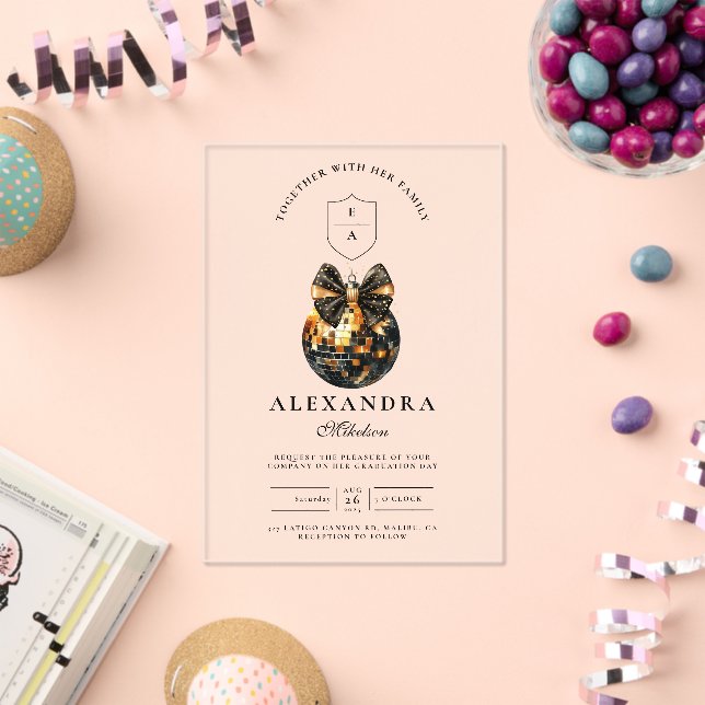 Invitations En Acrylique Black Bow Disco Ball Party (Insitu (Célébration))
