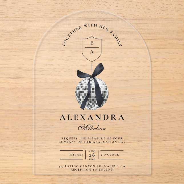 Invitations En Acrylique Black Bow Disco Ball Party (Recto)