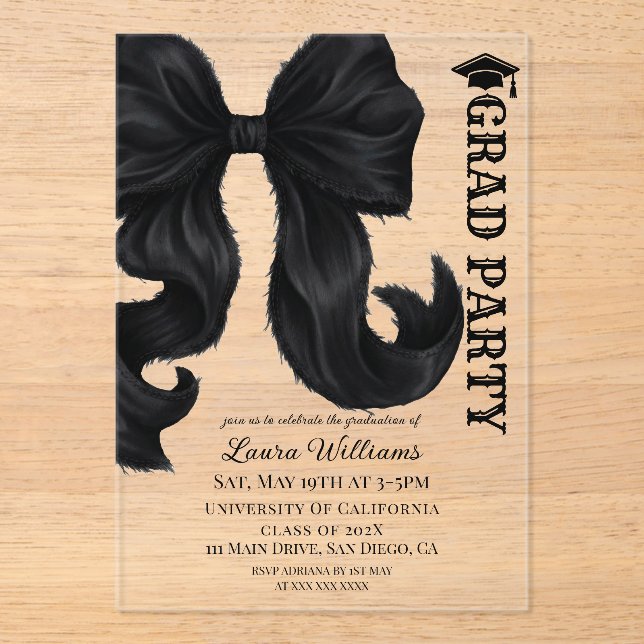 Invitations En Acrylique Black Bow Graduation (Recto)