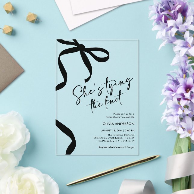 Invitations En Acrylique Black Bow She's Tying the Knot Fête des mariées (Insitu (Mariage))