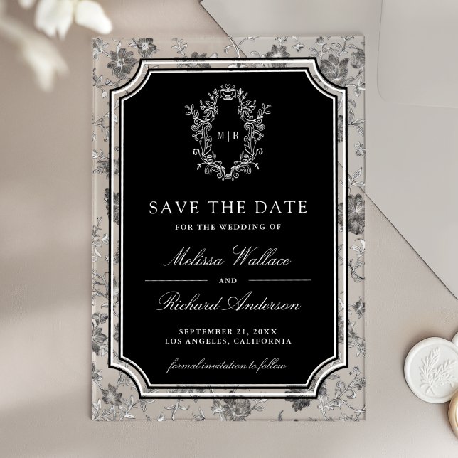 Invitations En Acrylique Black Chinoiserie Crest Wedding Save the Date (Créateur téléchargé)