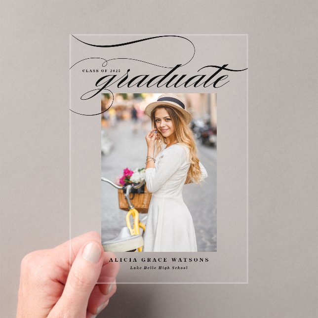 Invitations En Acrylique Black Elegant Calligraphie Photo Graduation (In situ (ordinateur de poche))