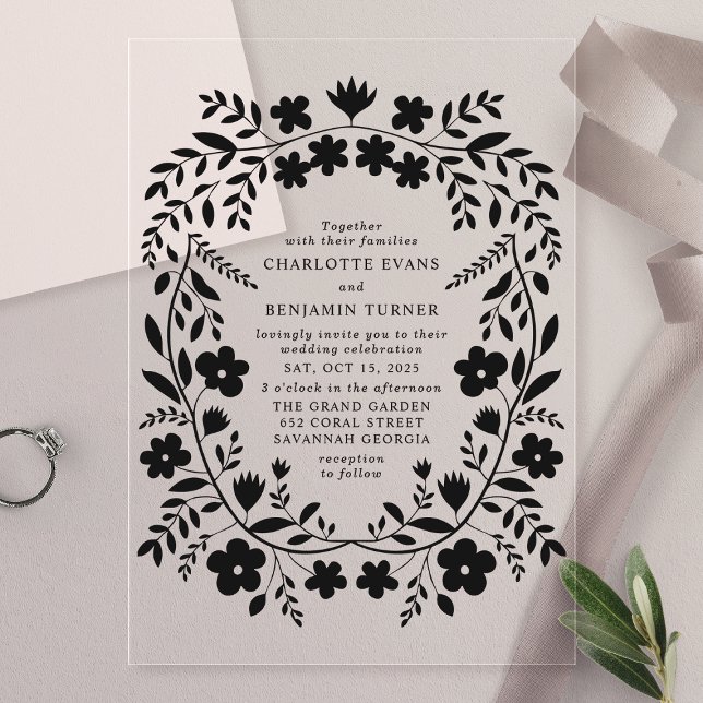 Invitations En Acrylique Black Folk Art Floral Mariage (Créateur téléchargé)