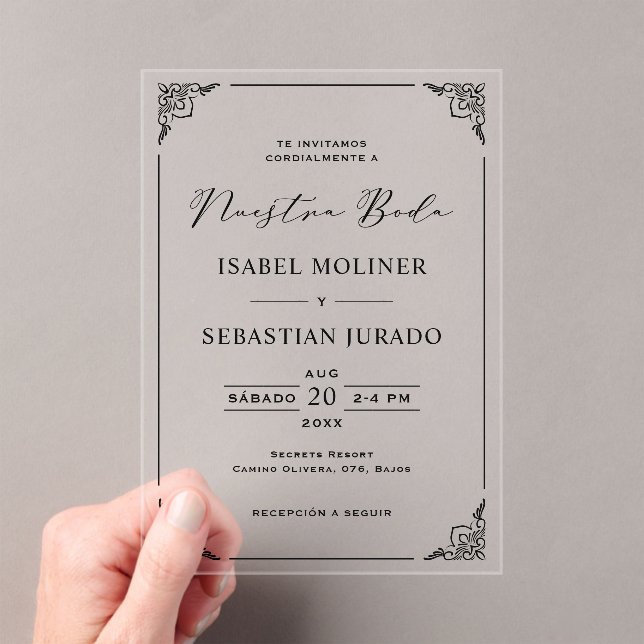 Invitations En Acrylique Black Frame Motif Nuestra Boda Mariage espagnol (In situ (ordinateur de poche))