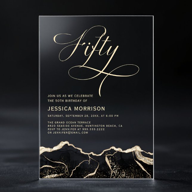Invitations En Acrylique Black Gold Agate 50e Cinquante Anniversaire (Créateur téléchargé)