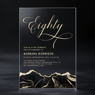 Invitations En Acrylique Black Gold Agate 80e fête d'anniversaire quatre-vi