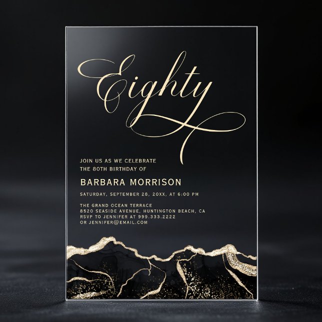 Invitations En Acrylique Black Gold Agate 80e fête d'anniversaire quatre-vi (Créateur téléchargé)