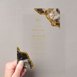 Invitations En Acrylique Black & Gold Agate Geode Pailletés Mariage Clair