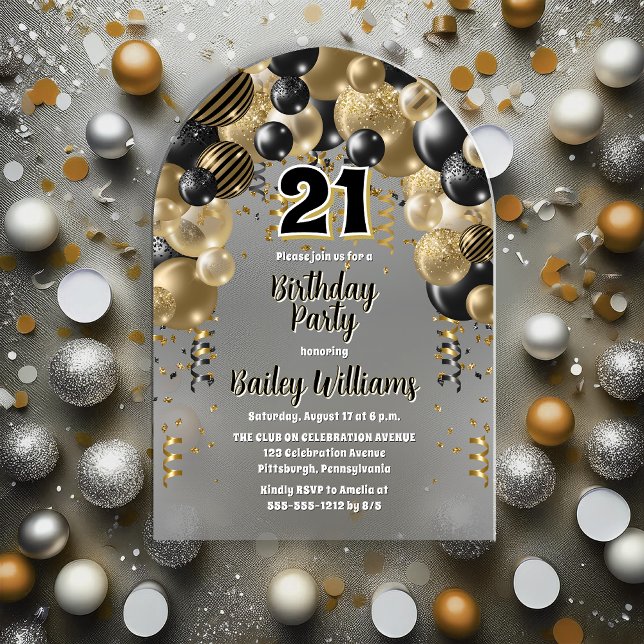 Invitations En Acrylique Black Gold Balloons 21e fête d'anniversaire (Black | Gold Tone Celebration Balloons "21" 21st Birthday Party Acrylic Invitation)