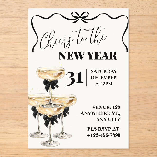 Invitations En Acrylique Black Gold Champagne Cheers New Years Eve Party (Recto)