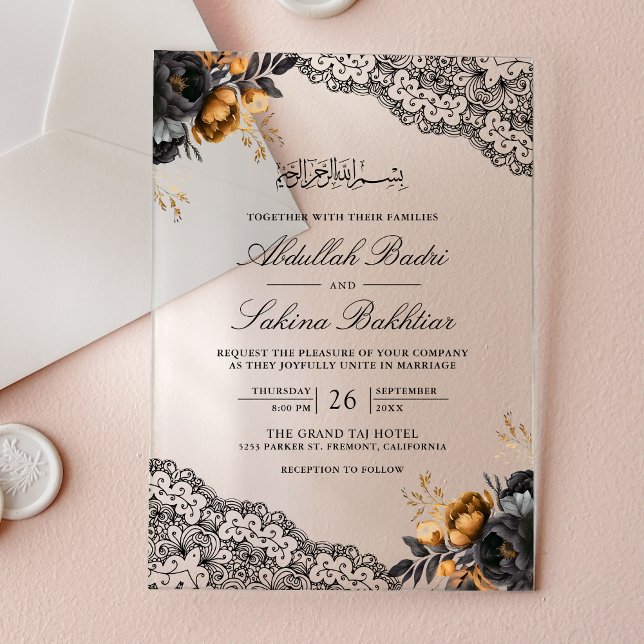 Invitations En Acrylique Black Gold Floral Lace Muslim Wedding (Créateur téléchargé)