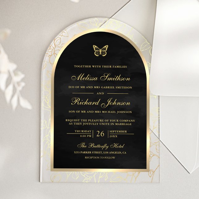 Invitations En Acrylique Black Gold Line Art Arch Butterfly Wedding (Créateur téléchargé)