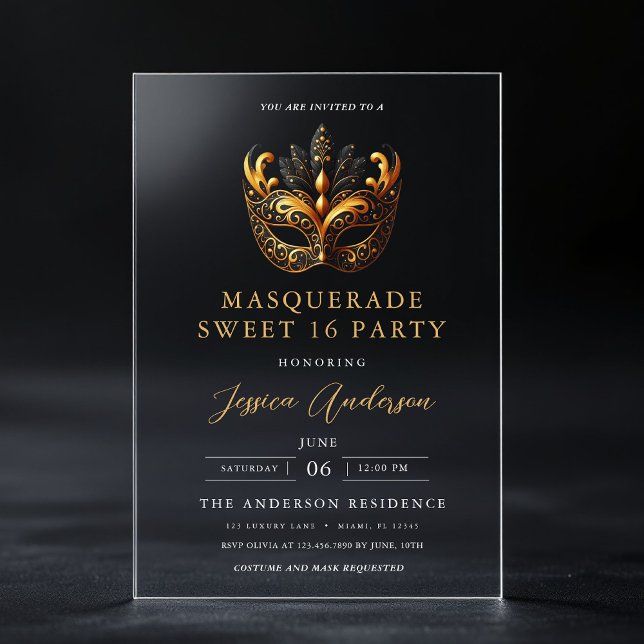 Invitations En Acrylique Black Gold Masquerade Sweet 16 Birthday Party (Créateur téléchargé)