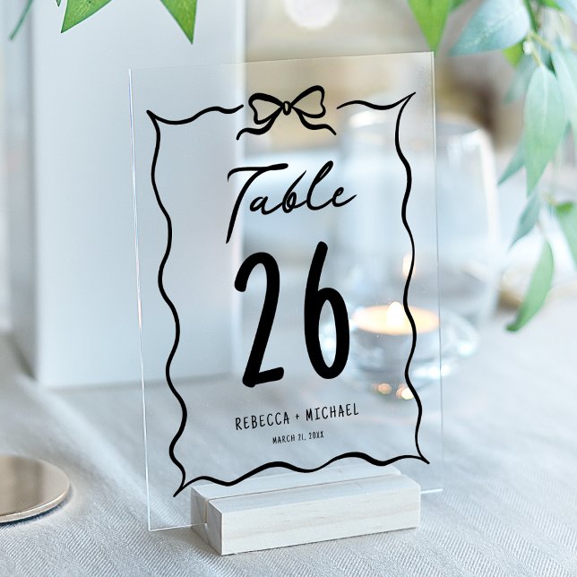 Invitations En Acrylique Black Hand Drawn Bow Wedding Acrylic Table Number (Créateur téléchargé)