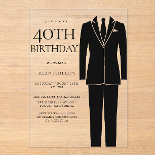 Invitations En Acrylique Black Suit & Cravate Mens 40e fête d'anniversaire
