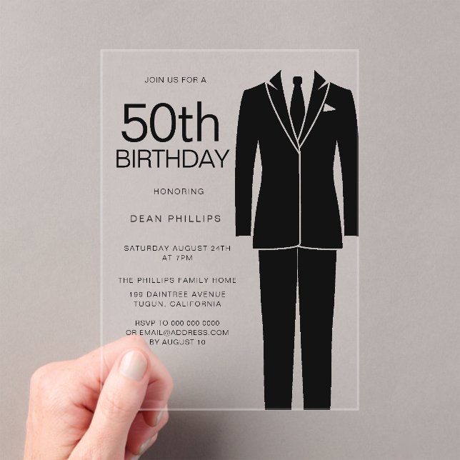 Invitations En Acrylique Black Suit Sophisticated Hommes 50e fête d'anniver (In situ (ordinateur de poche))