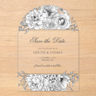 Invitations En Acrylique Black White Elegant Floral Enregistrer la date