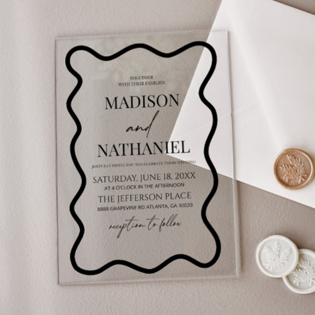 Invitations En Acrylique Black White Elegant Wavy Border Wedding (Créateur téléchargé)