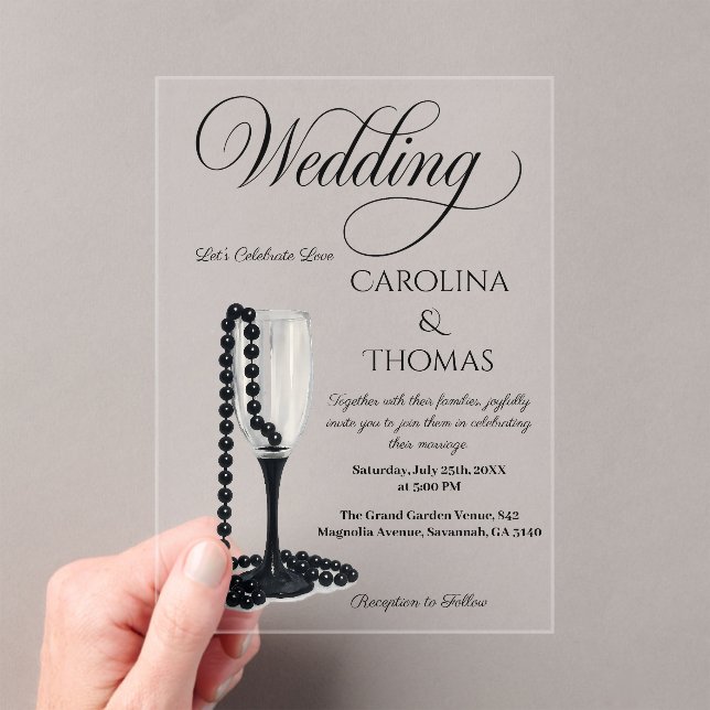Invitations En Acrylique Black & White Pearl Champagne Glass Wedding (In situ (ordinateur de poche))