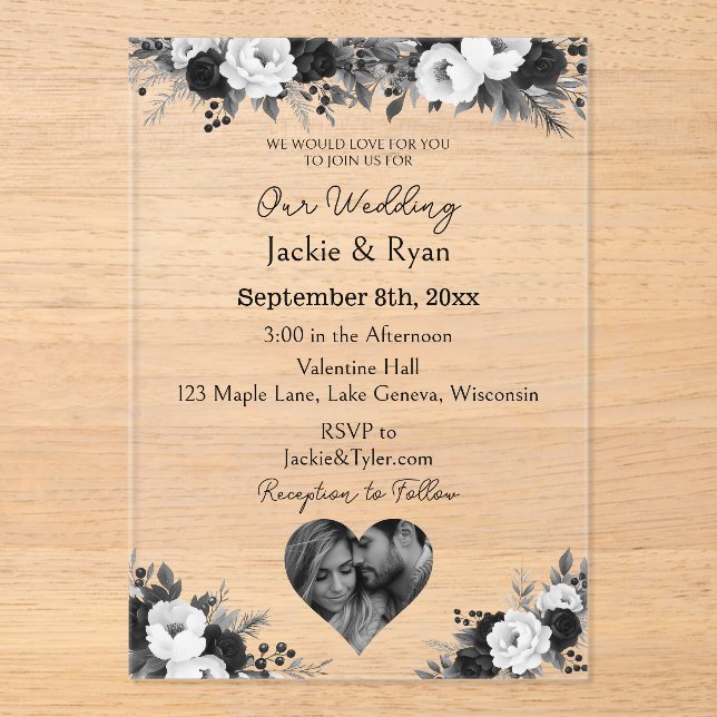 Invitations En Acrylique Black & White Photo Template Botanical Translucent (Recto)