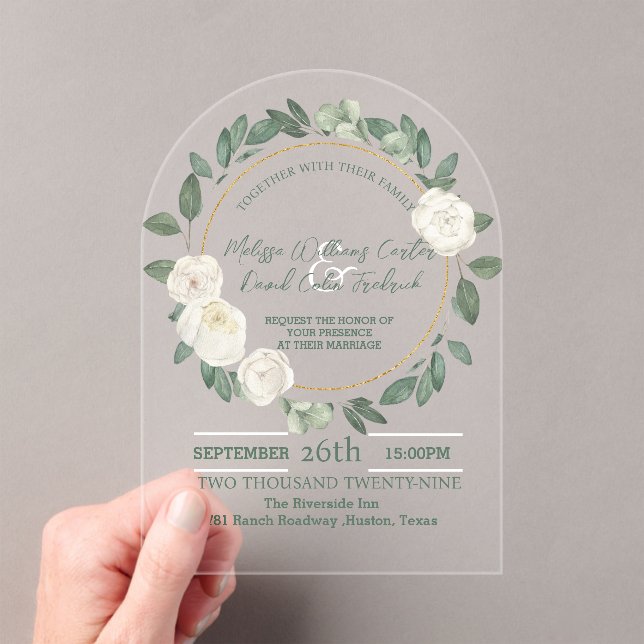 Invitations En Acrylique Blanc Floral Eucalyptus Mariage de verdure botaniq (In situ (ordinateur de poche))