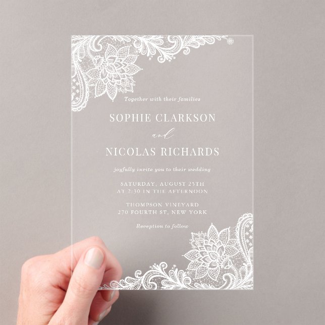 Invitations En Acrylique Blanc Ornate Antique Lace Élégant Mariage (In situ (ordinateur de poche))