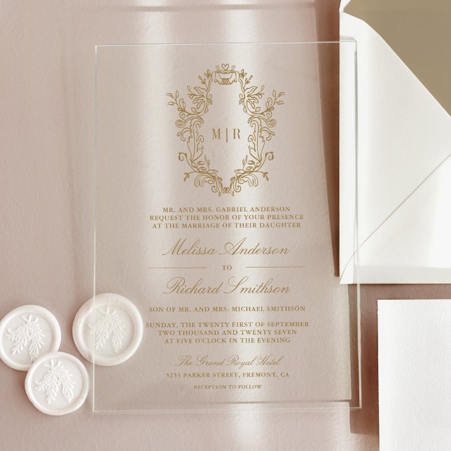 Invitations En Acrylique Blason de mariage monogramme chinoiserie dorée (Créateur téléchargé)