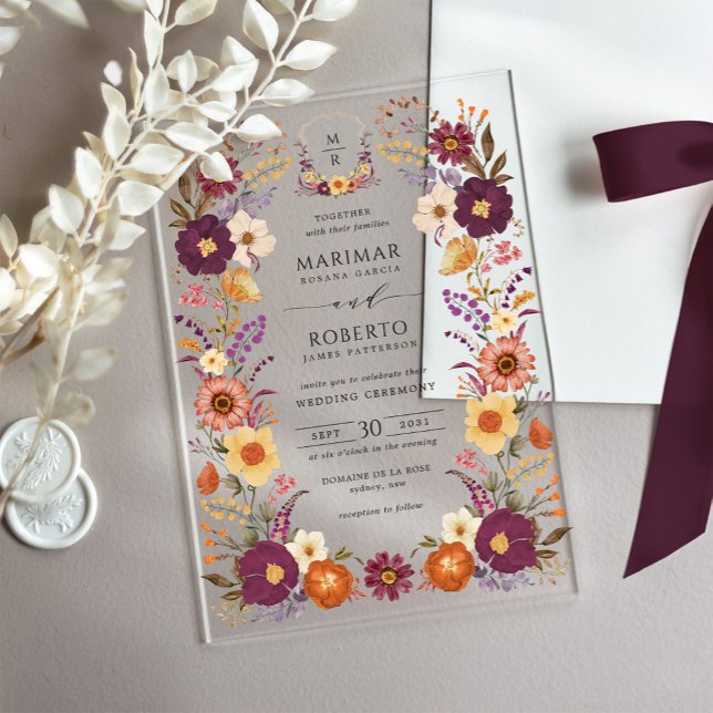 Invitations En Acrylique Blason de monogramme de mariage à l'aquarelle flor (Créateur téléchargé)