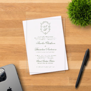 Invitations En Acrylique Blason de monogramme vert sauge botanique de maria