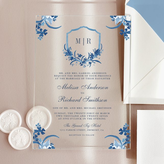 Invitations En Acrylique Blason Floral Bleu Monogramme Mariage (Créateur téléchargé)