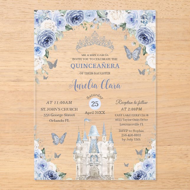 Invitations En Acrylique Bleu Blanc Floral Princesse Château Quinceañera XV (Recto)
