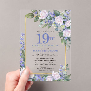 Invitations En Acrylique Bleu Blanc Or Floral 19E Anniversaire