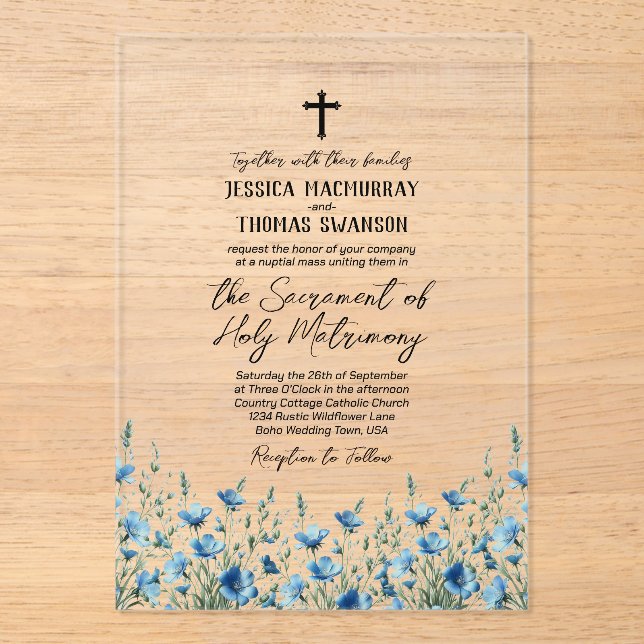 Invitations En Acrylique Bleu Boho Fleur sauvage Moderne Mariage catholique (Recto)