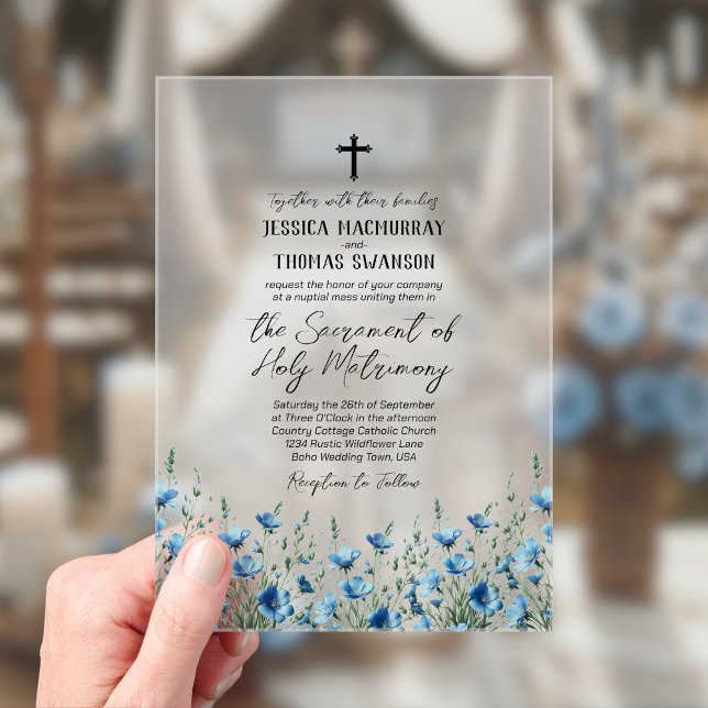 Invitations En Acrylique Bleu Boho Fleur sauvage Moderne Mariage catholique (Frosted Acrylic with Rectangle Cut)