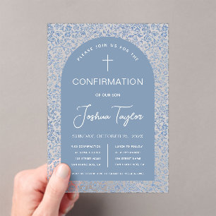 Invitations En Acrylique Bleu Boy Confirmation Arch Motif Floral Script