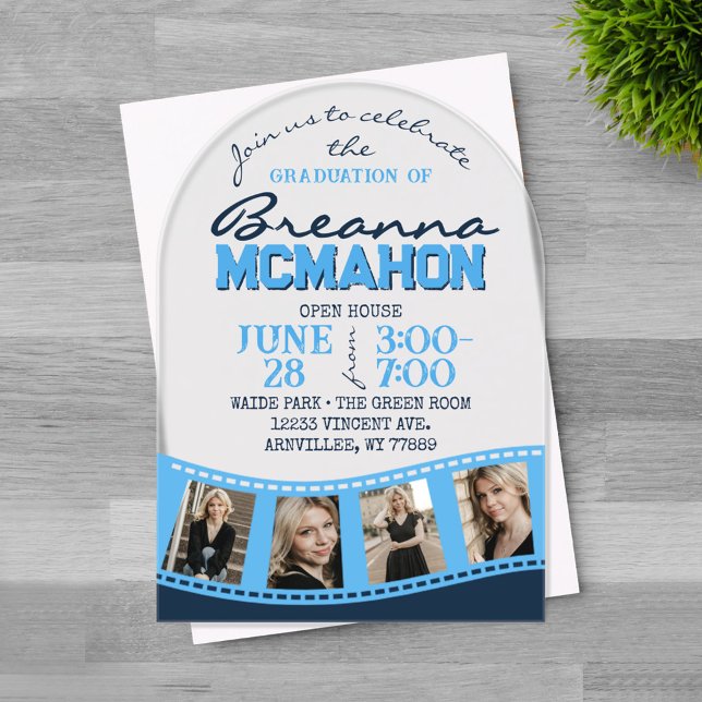 Invitations En Acrylique Bleu clair Arc Graduation Photo Filmstrip Frosted (Trendy Arched Graduation Photo Filmstrip Light Blue & Navy Blue Frosted Acrylic Invitations on Grey )