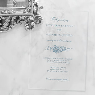 Invitations En Acrylique Bleu classique élégant gravé floral