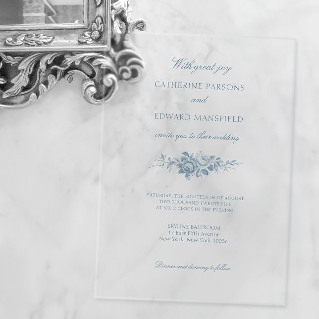 Invitations En Acrylique Bleu classique élégant gravé floral (Créateur téléchargé)