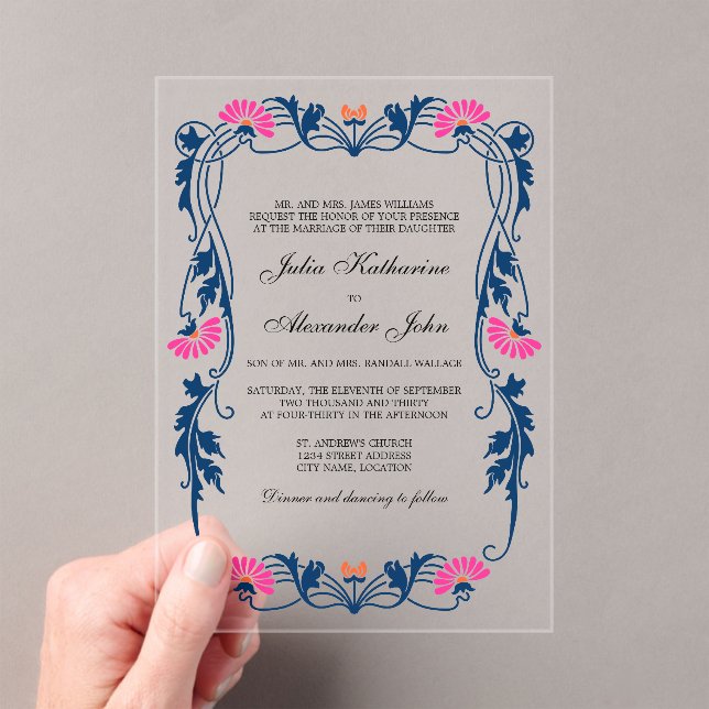 Invitations En Acrylique Bleu de marine et torrents floraux Fuchsia (In situ (ordinateur de poche))