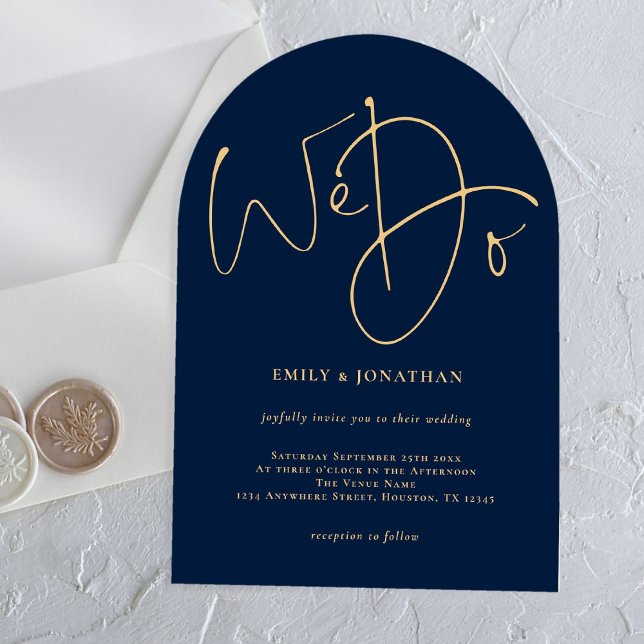 Invitations En Acrylique Bleu de marine minimaliste et or Script Nous faiso (Créateur téléchargé)
