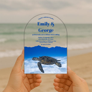 Invitations En Acrylique Bleu de marine sous la tortue marine Mariage côtie