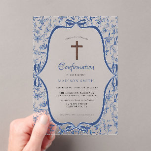 Invitations En Acrylique Bleu élégant Toile de jouy baptême