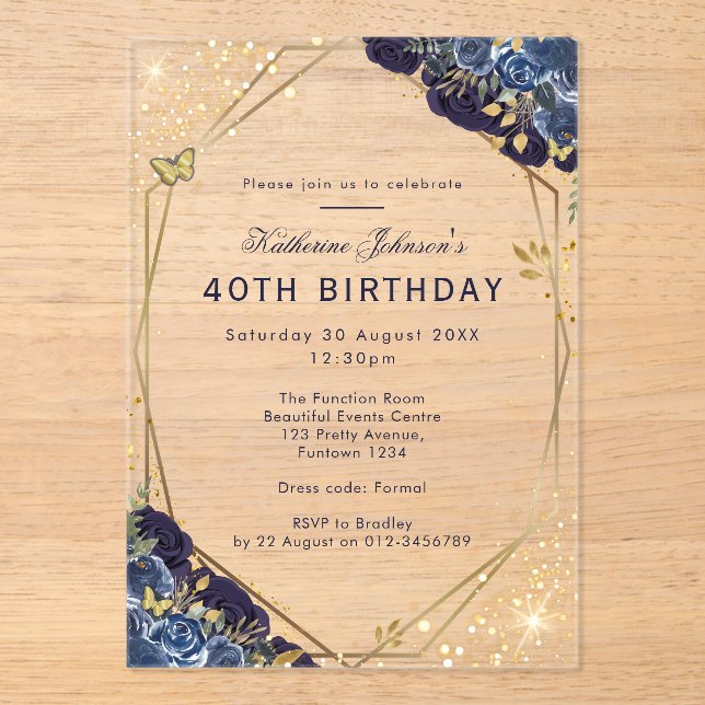 Invitations En Acrylique Bleu et Or Formel pour 40 ans (Recto)