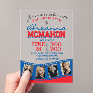 Invitations En Acrylique Bleu et Rouge - Bande de film de graduation photo 