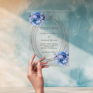 Invitations En Acrylique Bleu floral argent cadre clair mariage